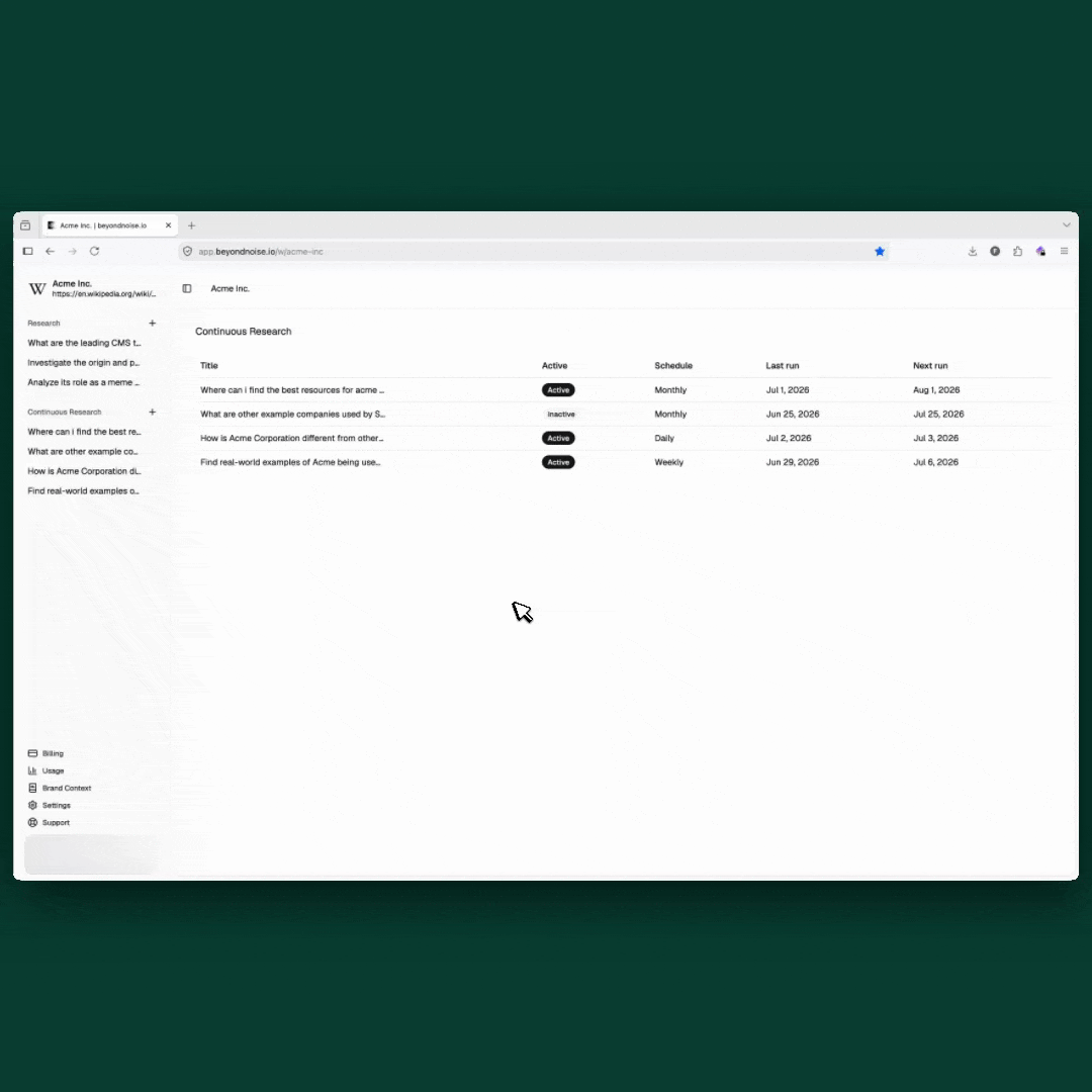 beyondnoise platform showing competitive intelligence features